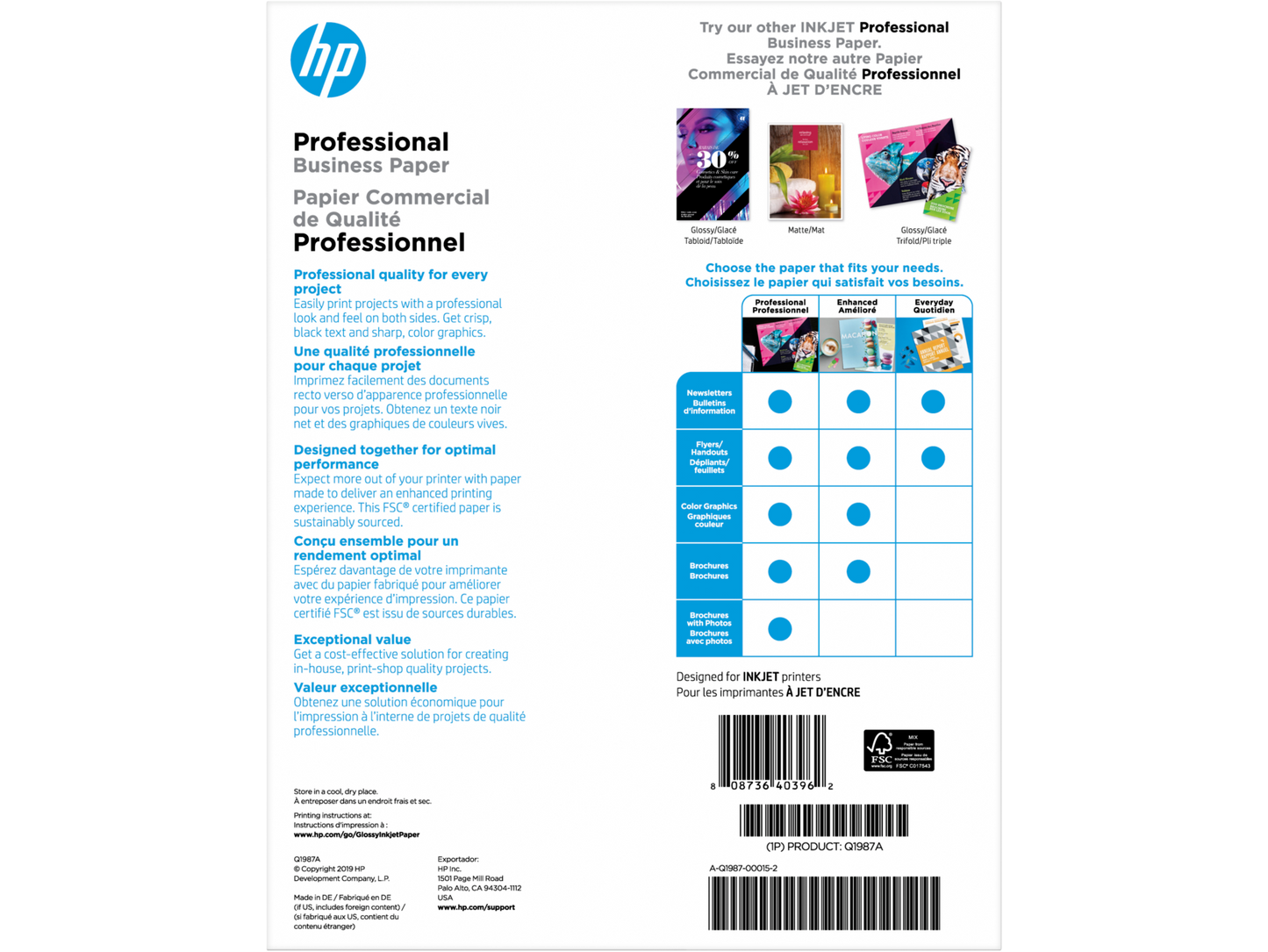 HP Professional Multi-use Glossy FSC Paper 180 gsm-150 sht/Letter/8.5 x 11 in