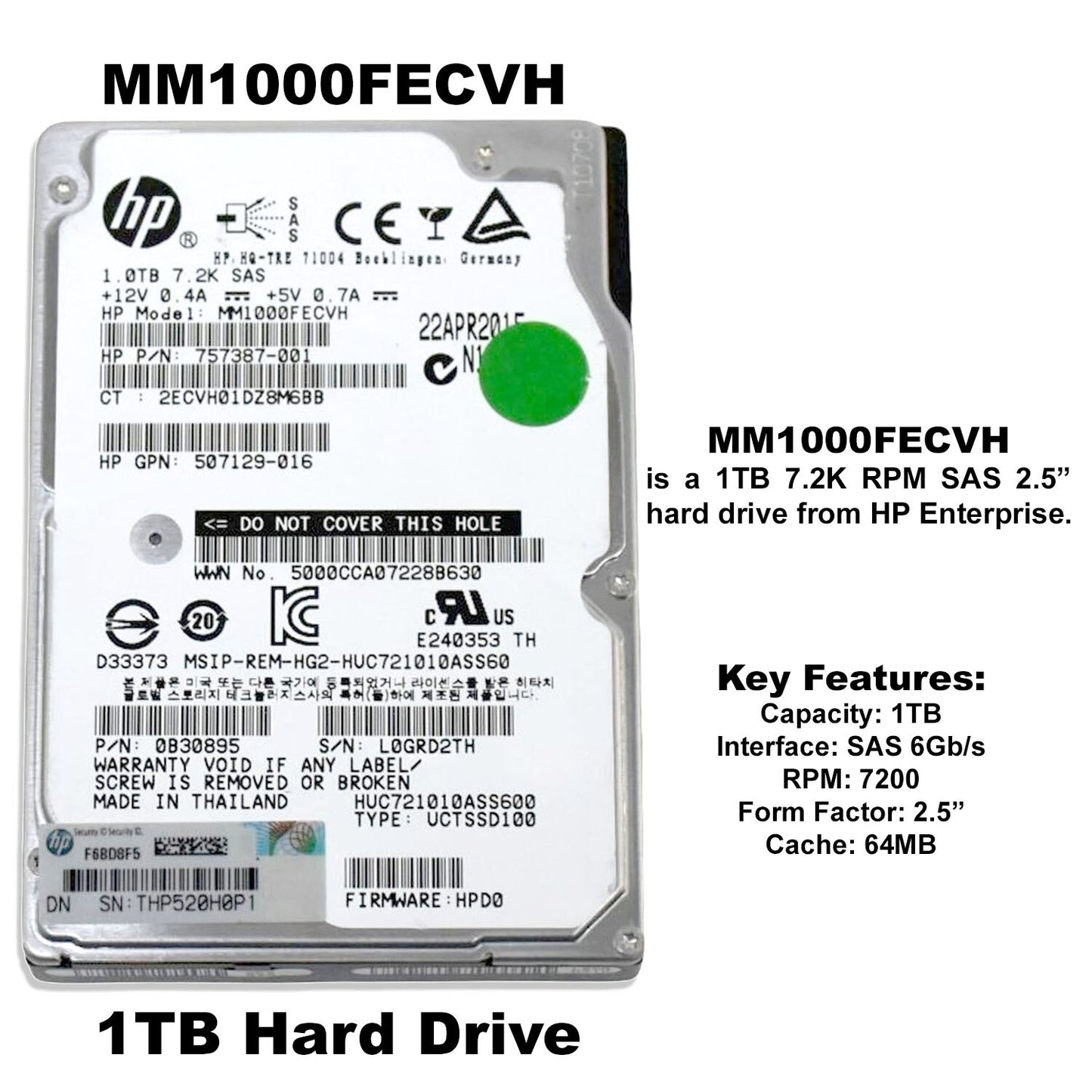 HP MM1000FECVH 1.0TB 7.2K RPM SAS 6Gb/s 2.5" HDD Hard Drive 0B30895 757387-001 (NOT FOR HOME PC)