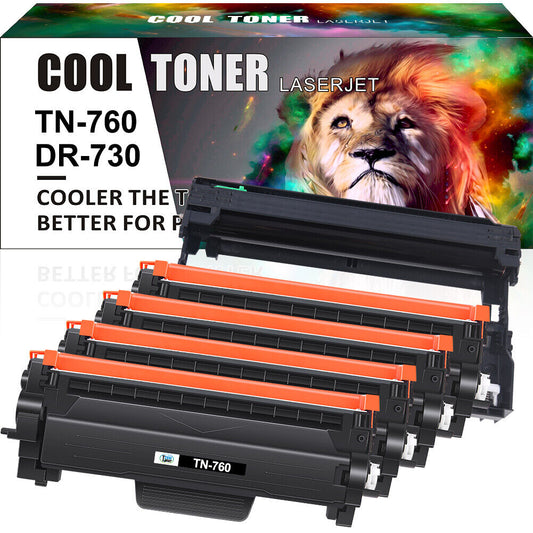 4*TN760 Toner + 1*DR730 Drum Unit For Brother MFC-L2710DW HL-L2390DW DCP-L2550DW