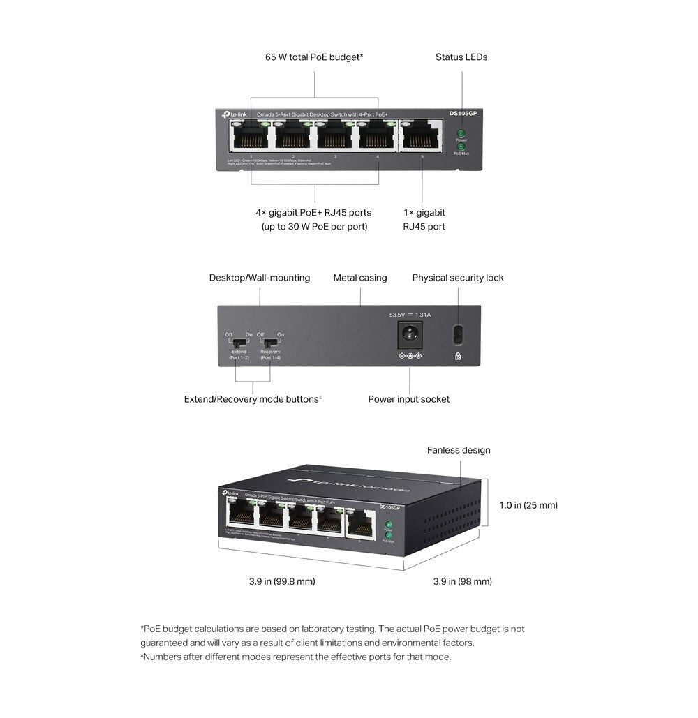 TP-Link DS105GP | Omada 5-Port 1000Mbps Gigabit Unmanaged Switch | 4* PoE+ Port