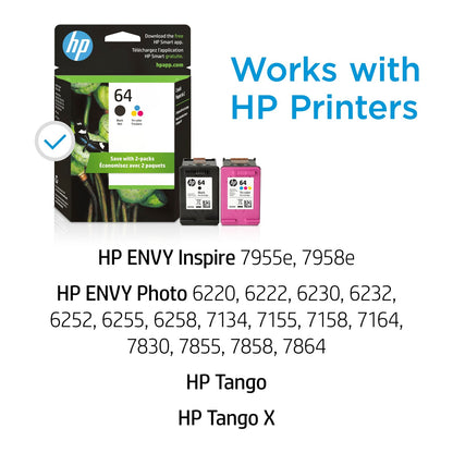 HP 64 2-pack Black/Tri-color Original Ink Cartridges, X4D92AN#140