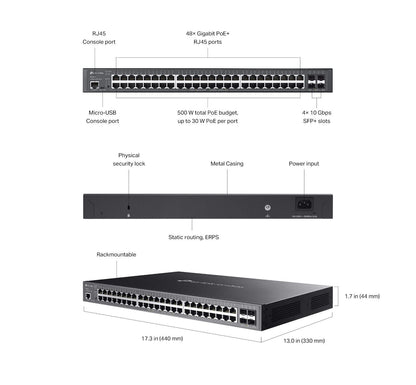 TP-Link SG3452XP | Omada 48-Port Gigabit L2+ PoE+ Managed Switch | 4* 10GbE SFP+