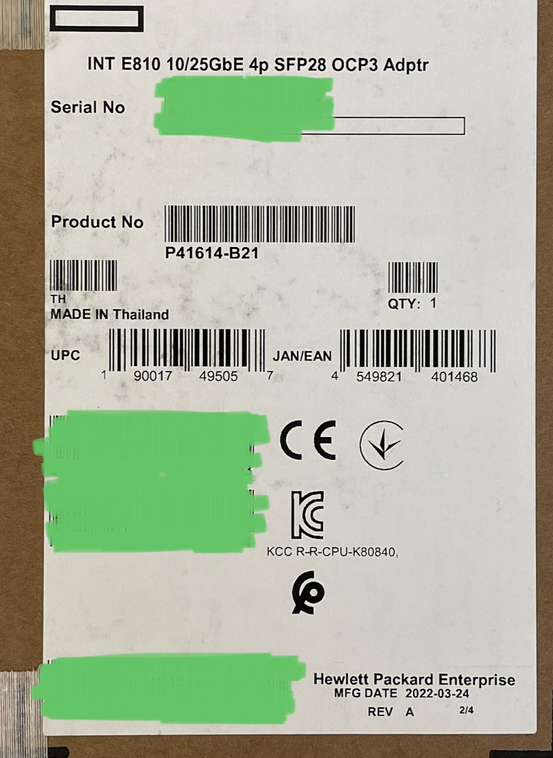 HPE Intel E810-XXVDA4 Ethernet 10/25Gb 4-port SFP28 OCP3 Adapter NIC PCI-e 4 x16