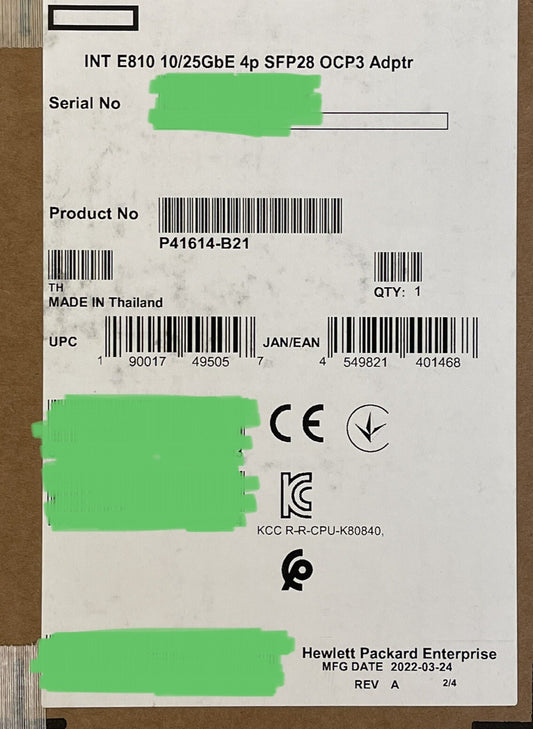 HPE Intel E810-XXVDA4 Ethernet 10/25Gb 4-port SFP28 OCP3 Adapter NIC PCI-e 4 x16