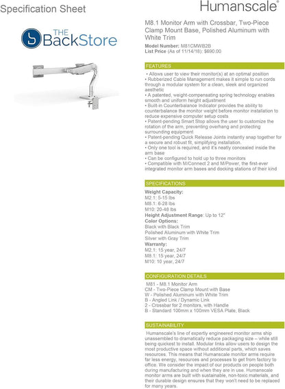 Humanscale M8.1 Adjustable Dual Monitor Arm with Crossbar Clamp Mount M81CMWB2B