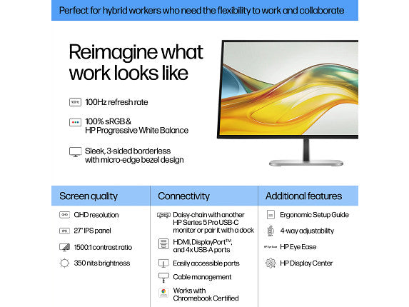 HP Series 5 Pro 27 inch QHD Monitor - 527pq 27" QHD (2560 x 1440) 50-100 Hz