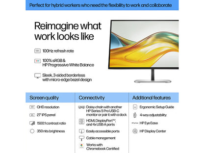 HP Series 5 Pro 27 inch QHD Monitor - 527pq 27" QHD (2560 x 1440) 50-100 Hz