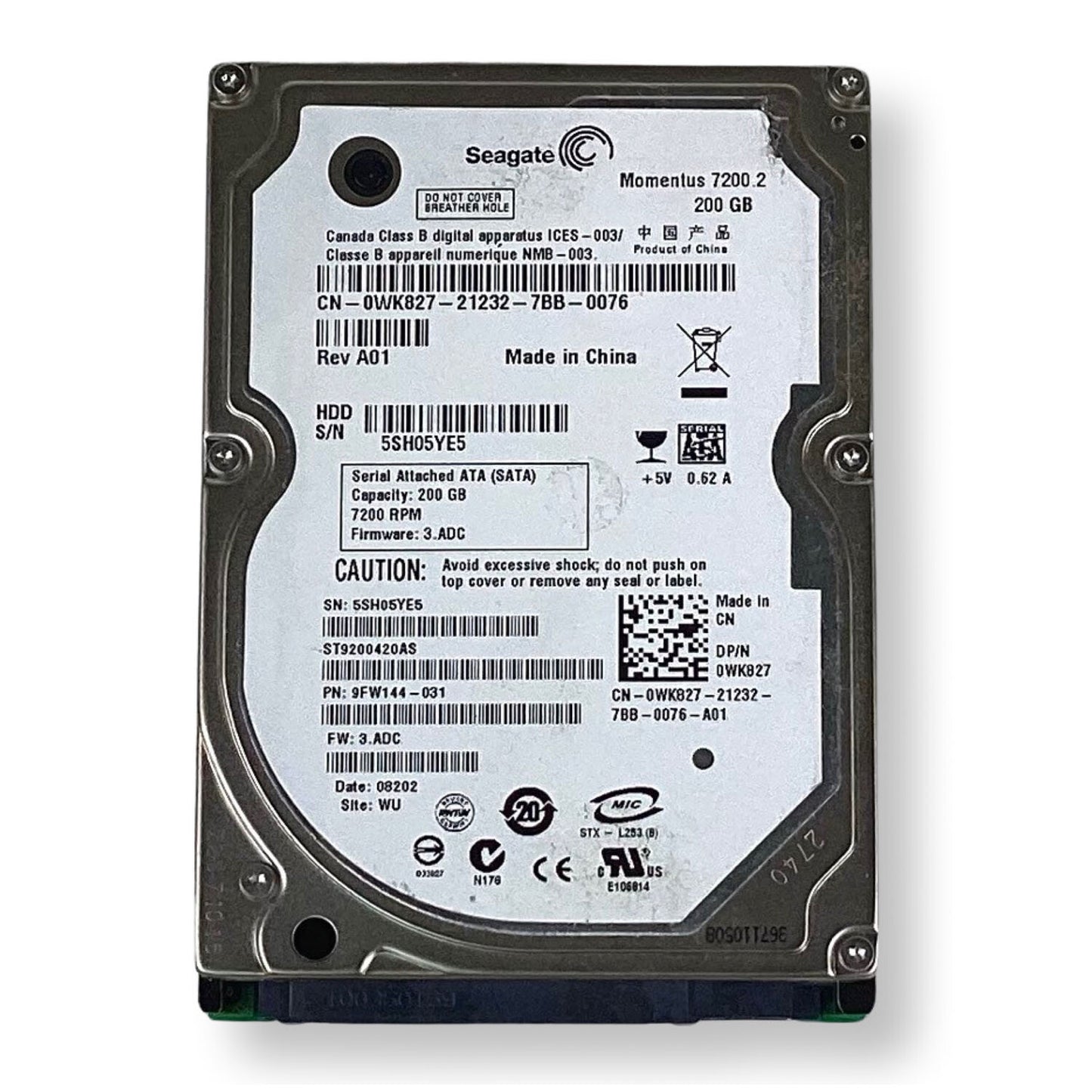 Dell ST9200420AS 200GB 7200RPM SATA 3Gb/s 16MB Cache 2.5-Inch Hard Drive WK827