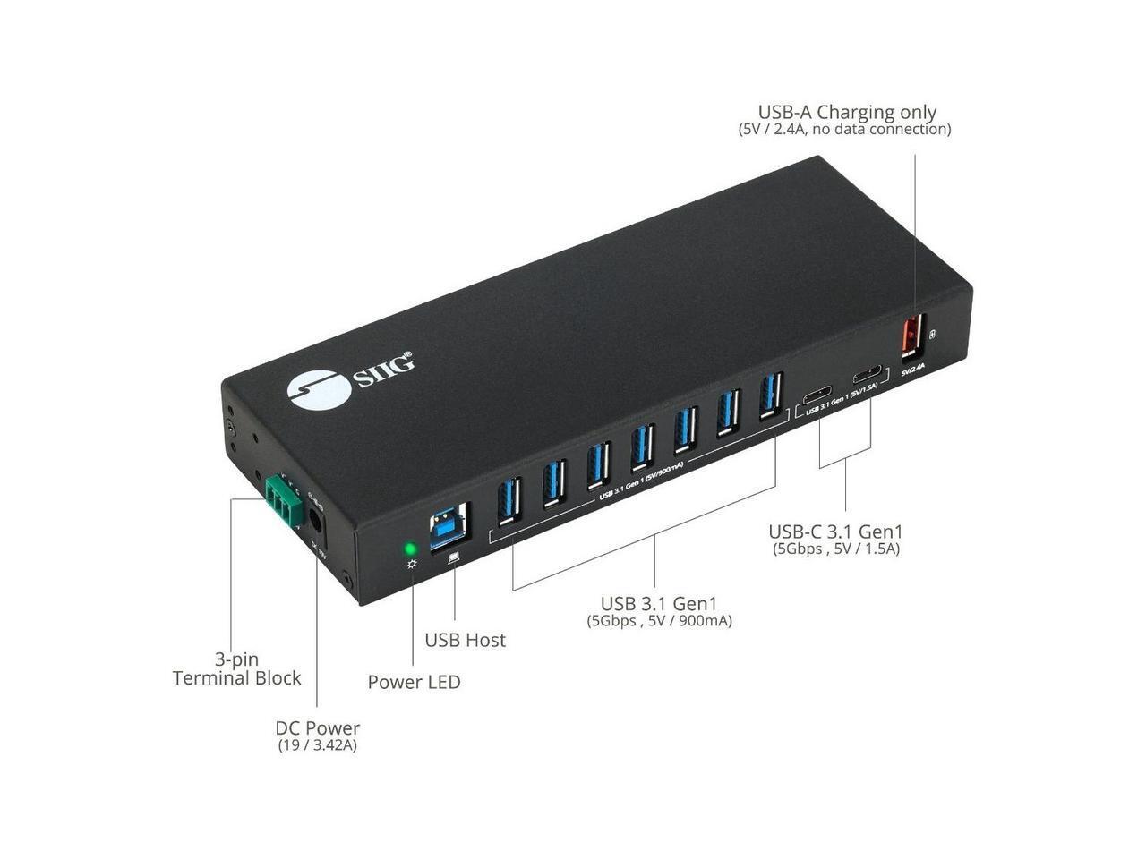 SIIG AC IDUS0811S1 10PT Industrial USB Gen 1 Hub w Dual USBC 65W Charging