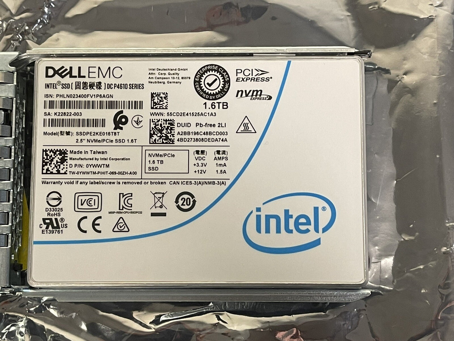 Dell Intel DC P4610 1.6TB 2.5 Mixed Use PCI-e 3.1 x4 NVMe SSD 12.25 PBW U2 15mm