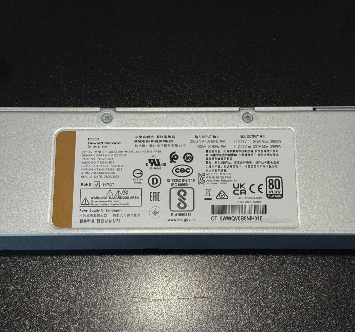 HPE P12352-301 3000W Platinum Power Supply HSTNS-PR69 P12354-B21 P25430-001