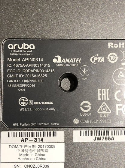 HPE Aruba AP-314 802.11n/ac Dual 2x2:2/4x4:4 MU-MIMO Dual Radio AP Access Point
