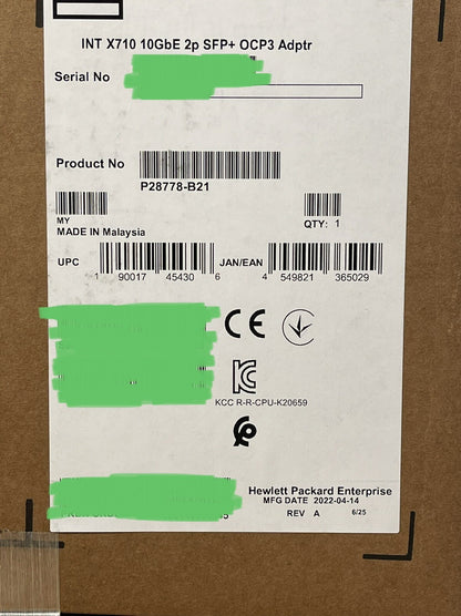 HPE Intel X710 10GbE SFP+ OCP3 NIC Network Adapter Gen10 Plus/V2 2P 10G 2 Port