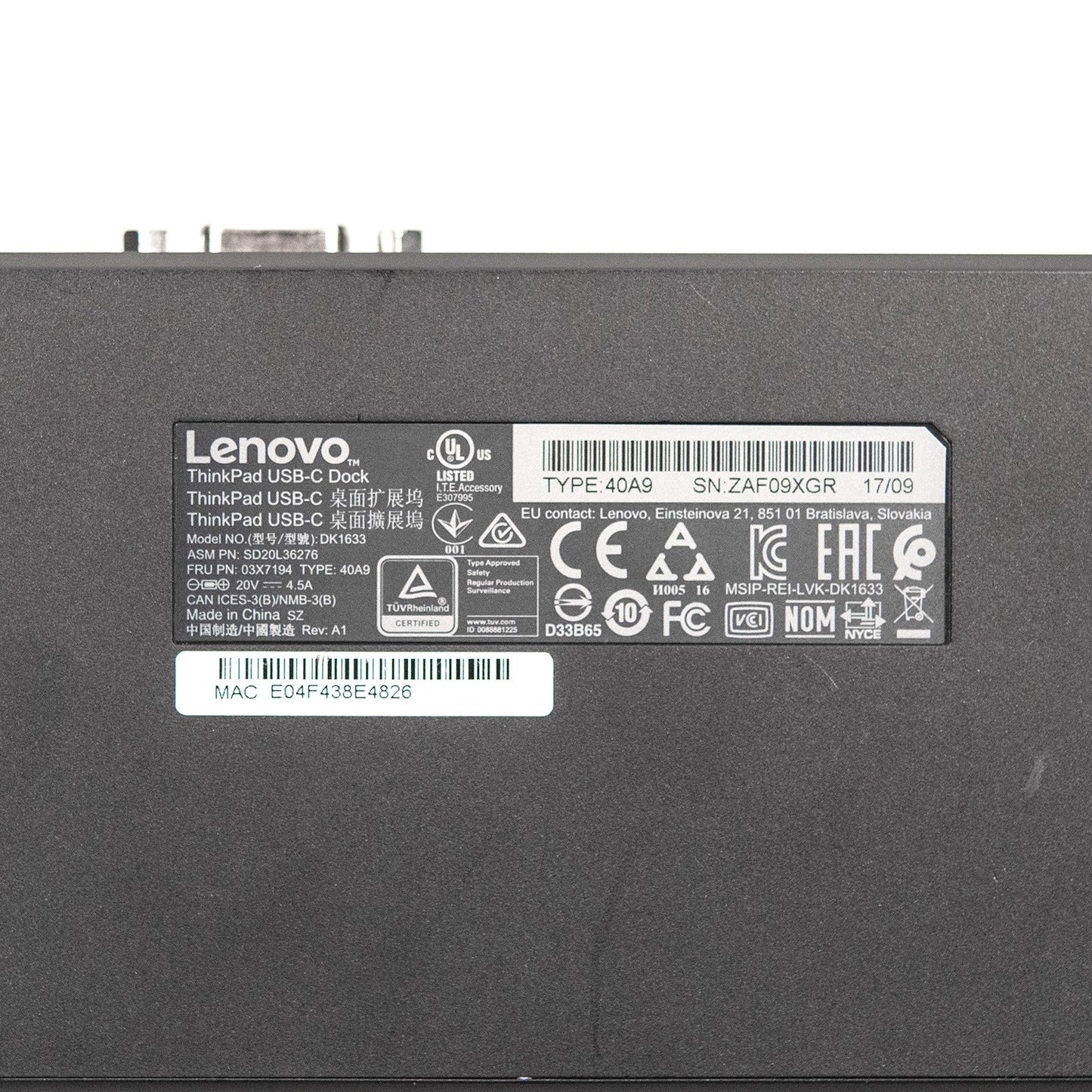 Lenovo ThinkPad USB-C Dock 40A9 DK1633 SD20L36276 Laptop Docking Station w/ AC