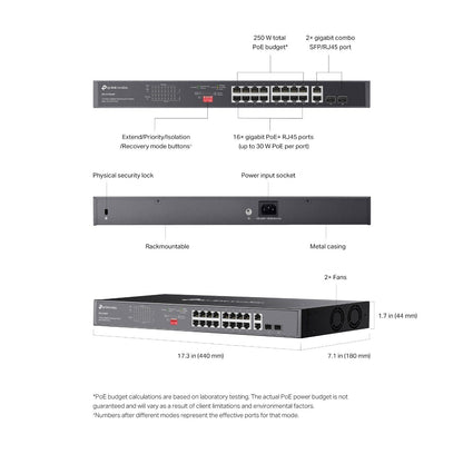 TP-Link DS1018GMP | Omada 18-Port Gigabit Unmanaged Rackmount Switch | 16* PoE+