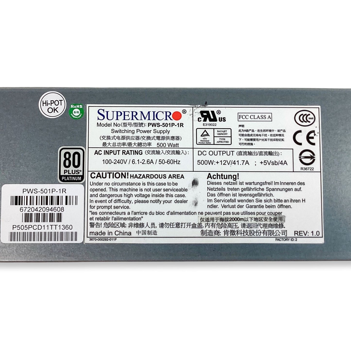 Genuine SuperMicro PWS-501P-1R 80 Plus Platinum 500W Redundant Power Supply