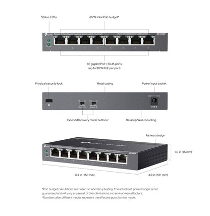 TP-Link DS108GP | Omada 8-Port 1000Mbps Gigabit Unmanaged Switch | 8* PoE+ Port