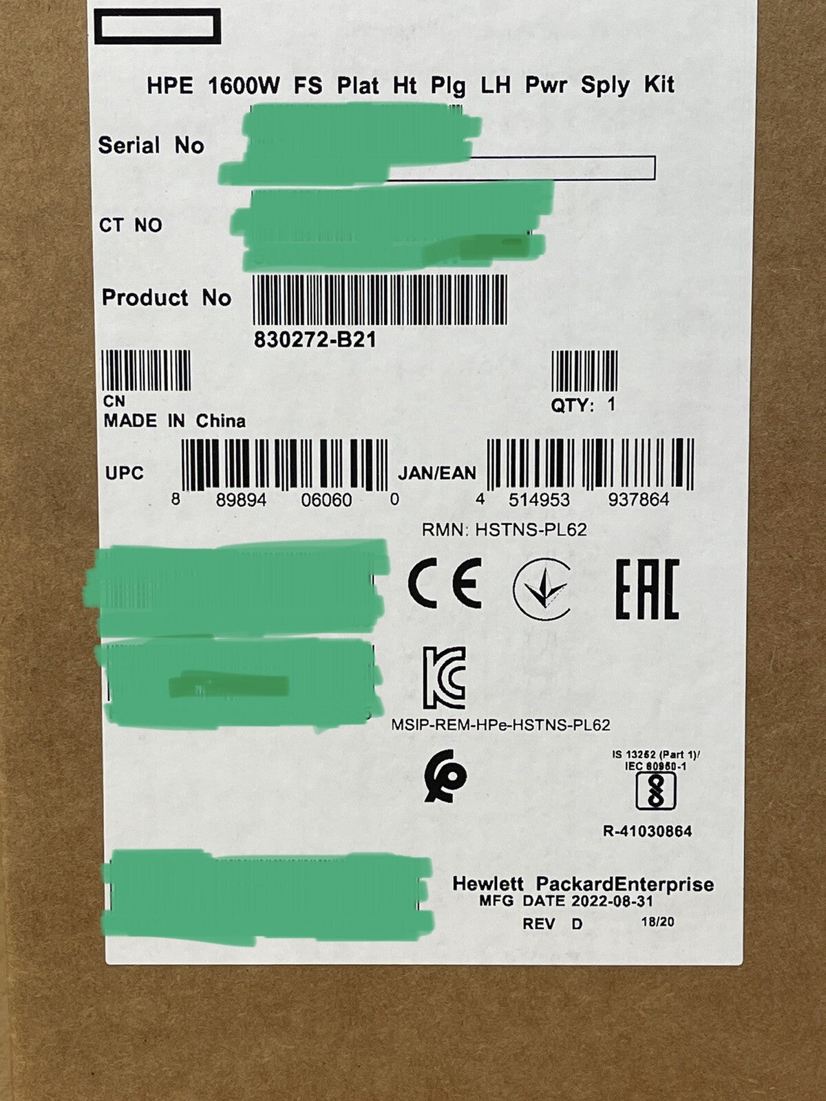 New Sealed HP 1600W Flex Slot Platinum Low Halogen Power Supply 200V-240V AC PSU