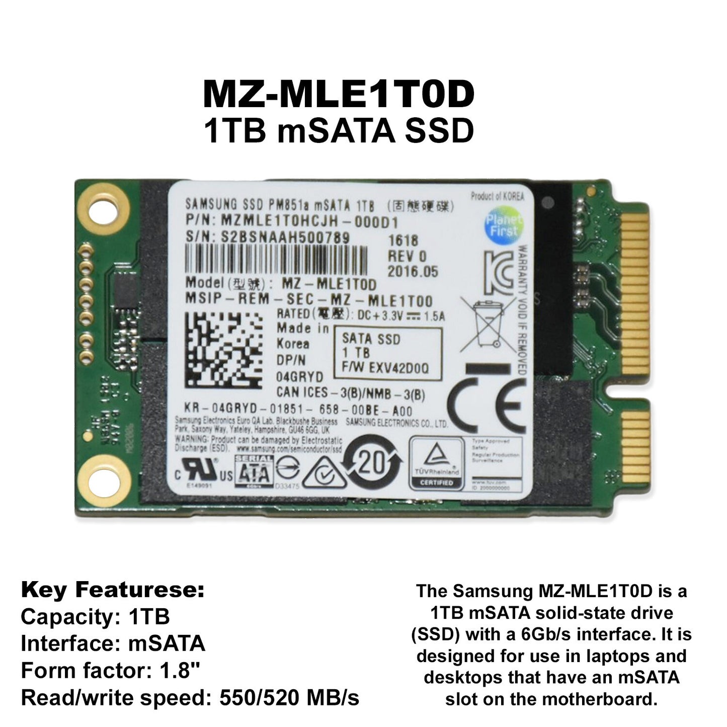 Samsung MZ-MLE1T0D 1TB 6Gb/S MSATA Mini PCI-E Solid State Drive SSD 4GRYD