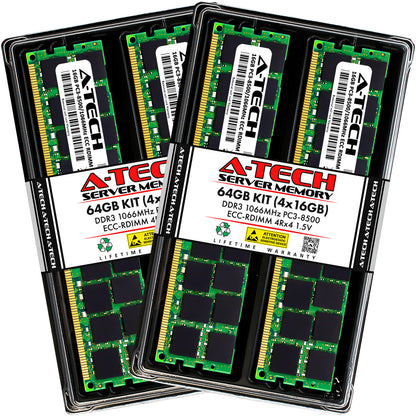 A-Tech 64GB 4x 16GB 4Rx4 PC3-8500R DDR3 1066MHz ECC RDIMM REG Server Memory RAM (NOT FOR HOME PC)