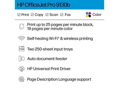 HP Officejet Pro 9130b Wired & Wireless Inkjet Multifunction Printer - Color