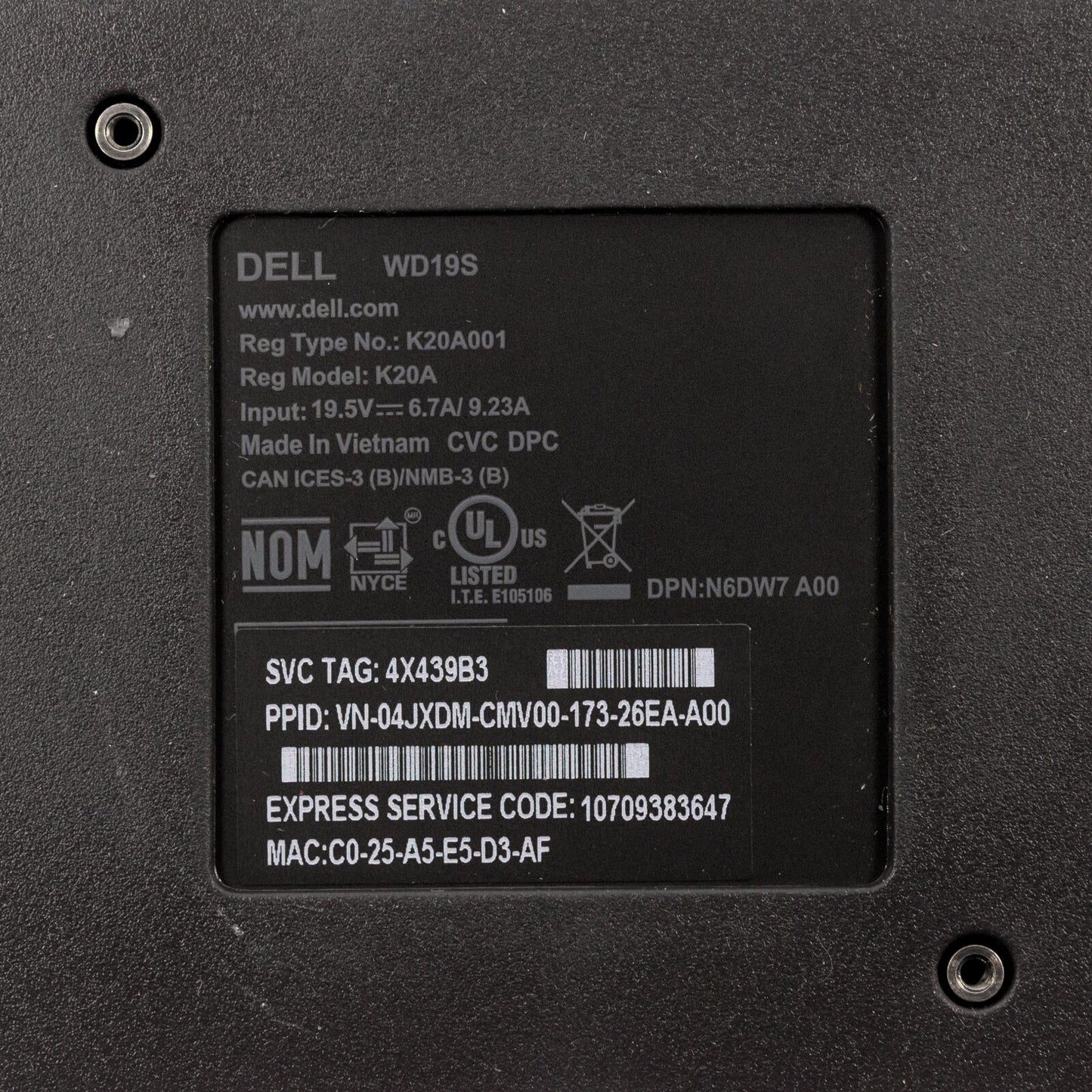 Dell WD19S / K20A USB-C Performance Docking Station N6DW7 K20A001 w/ 180w AC