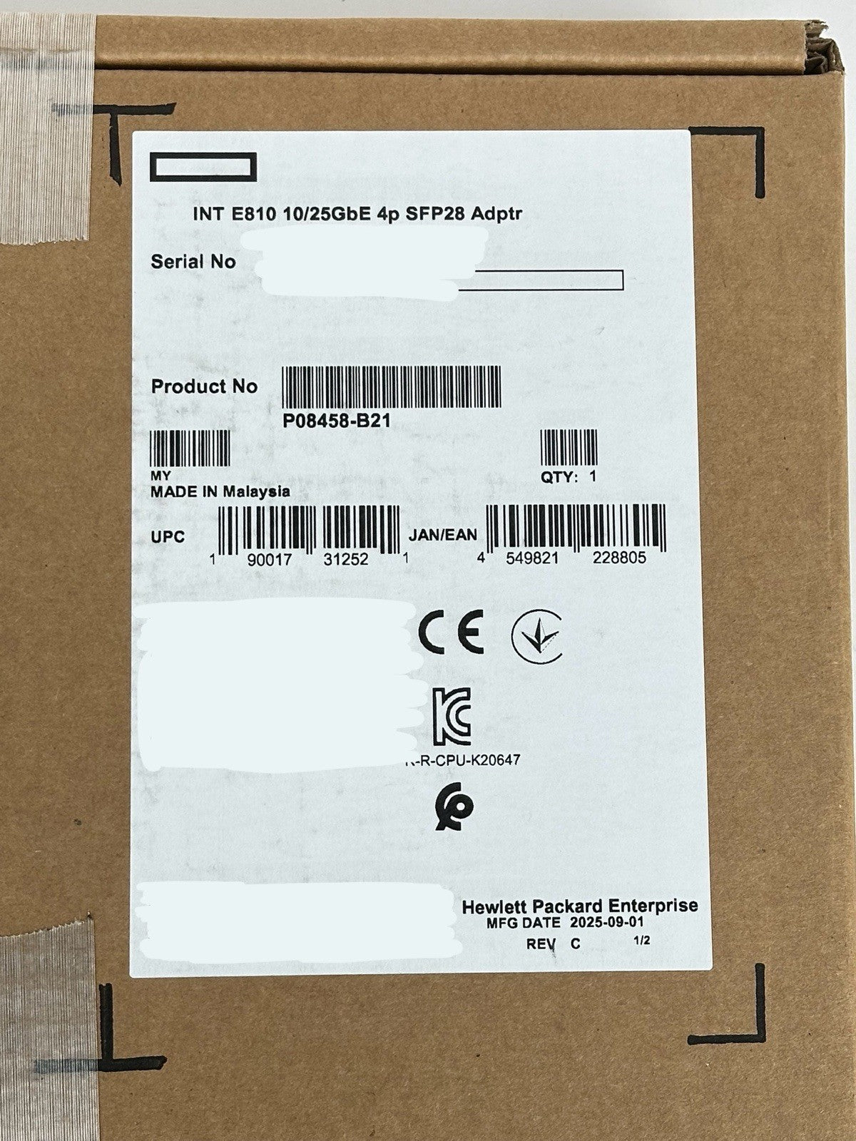 HPE Intel E810-XXVDA4 Ethernet 10/25Gb 4 Port SFP28 PCI-e Adapter P08458-B21 NIC