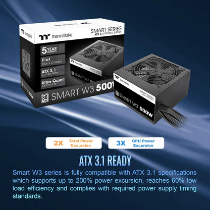 Smart W3 Series 80Plus Certified 500W Power Supply; ATX v3.1 Spec; 120mm FDB Fan