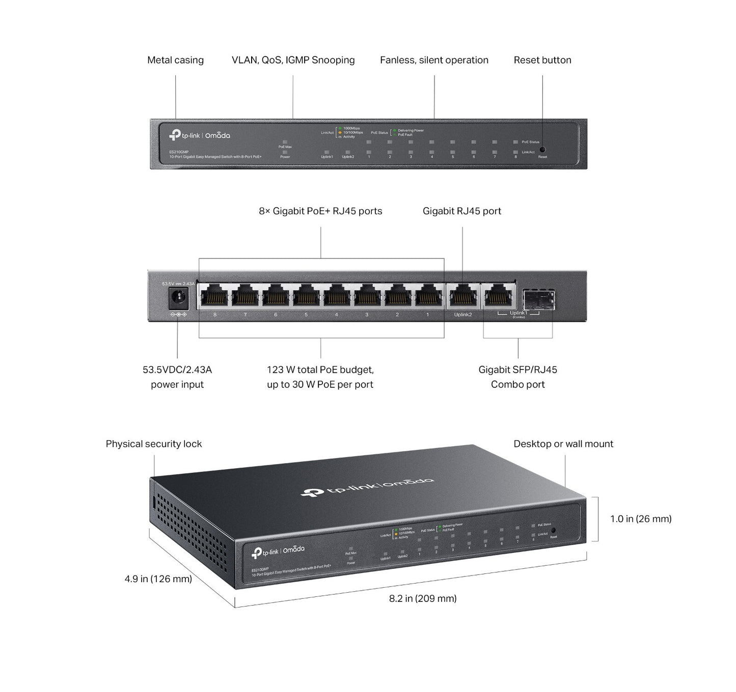 TP-Link ES210GMP | Omada 10-Port Gigabit Easy Managed Switch | 8* PoE+ Ports