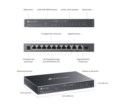 TP-Link ES210GMP | Omada 10-Port Gigabit Easy Managed Switch | 8* PoE+ Ports