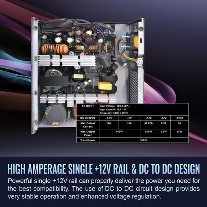 Smart W3 Series 80Plus Certified 500W Power Supply; ATX v3.1 Spec; 120mm FDB Fan