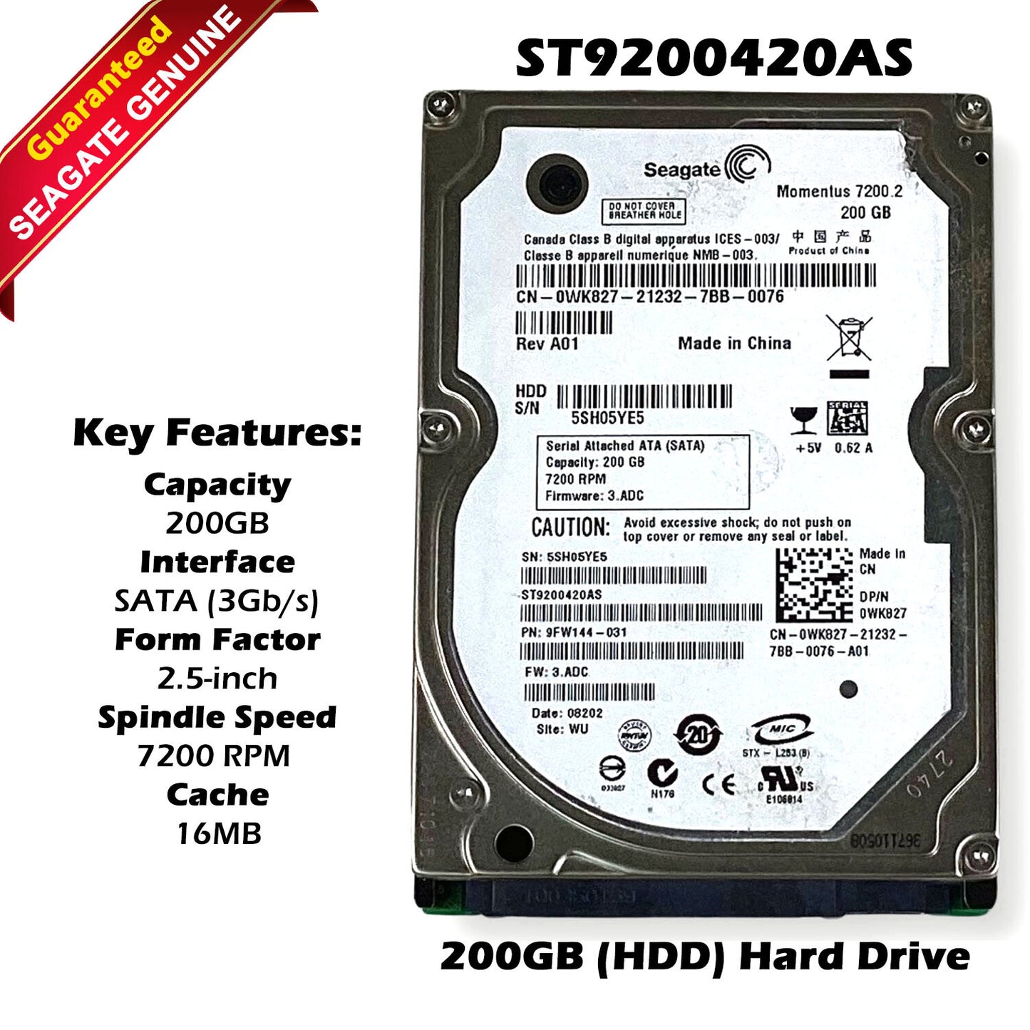 Dell ST9200420AS 200GB 7200RPM SATA 3Gb/s 16MB Cache 2.5-Inch Hard Drive WK827