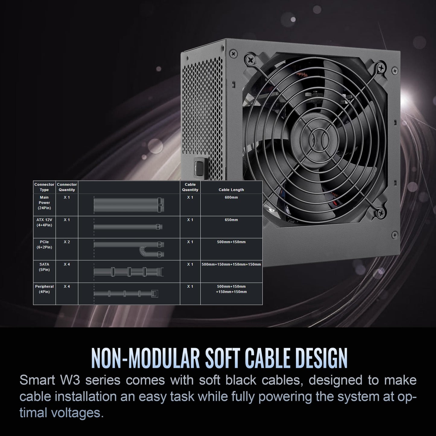 Smart W3 Series 80Plus Certified 600W Power Supply; ATX v3.1 Spec; 120mm FDB Fan