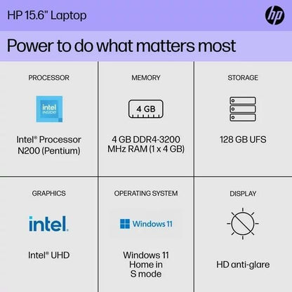HP 15 Laptop 15.6" HD Pentium Quad-Core N200 8GB 128GB UFS Webcam Win 11 Silver