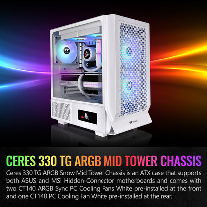 Ceres 330 TG ARGB Snow Mid Tower E-ATX Case Supports Hidden-Connector Motherboar