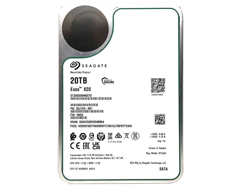 Seagate Exos X20 20TB 7200 SATA 6Gb/s 3.5" Enterprise Hard Drive - ST20000NM007D