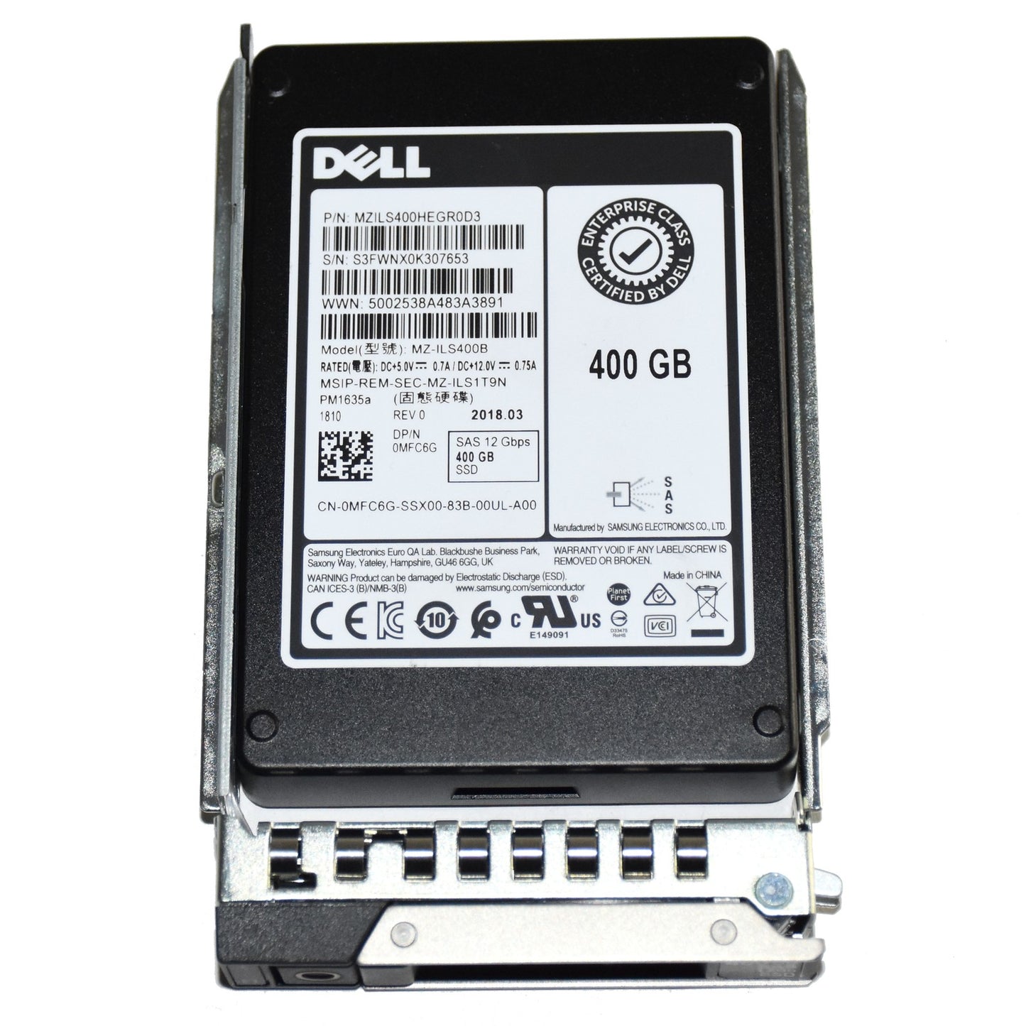 Dell PowerEdge G14-G17 MZ-ILS400B MFC6G 400GB SAS 12Gbps MU HS 2.5" SSD w/ Tray (NOT FOR HOME PC)