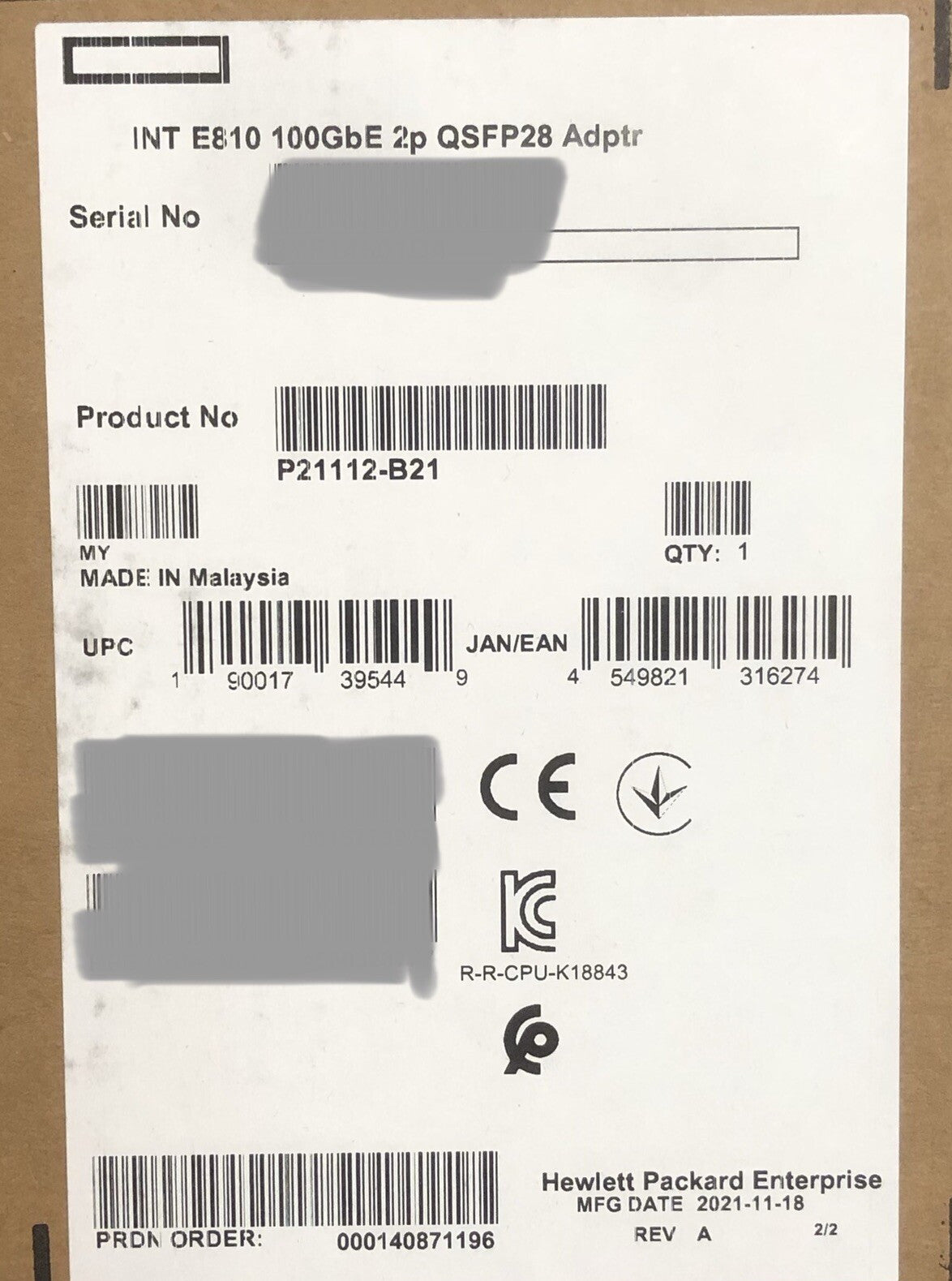 HPE P21112-B21 Intel E810 100GbE 2P Server Network Adapter NIC 2 Port QSFP28