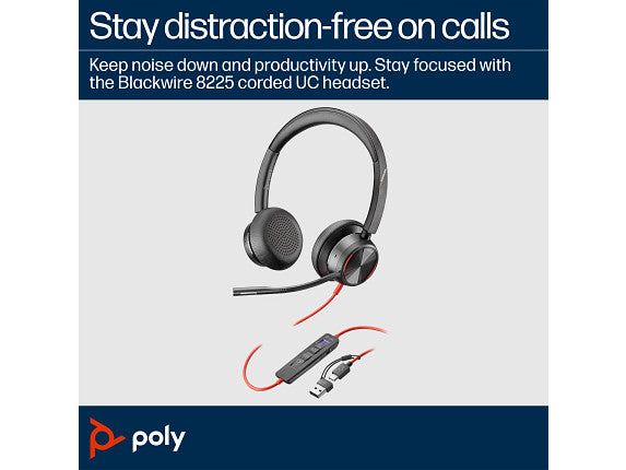 Poly Blackwire 8225 Stereo Microsoft Teams Certified USB-C Headset +USB-C/A