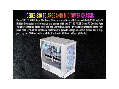 Ceres 330 TG ARGB Snow Mid Tower E-ATX Case Supports Hidden-Connector Motherboar