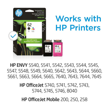 HP 62 2-pack Black/Tri-color Original Ink Cartridges, N9H64FN#140