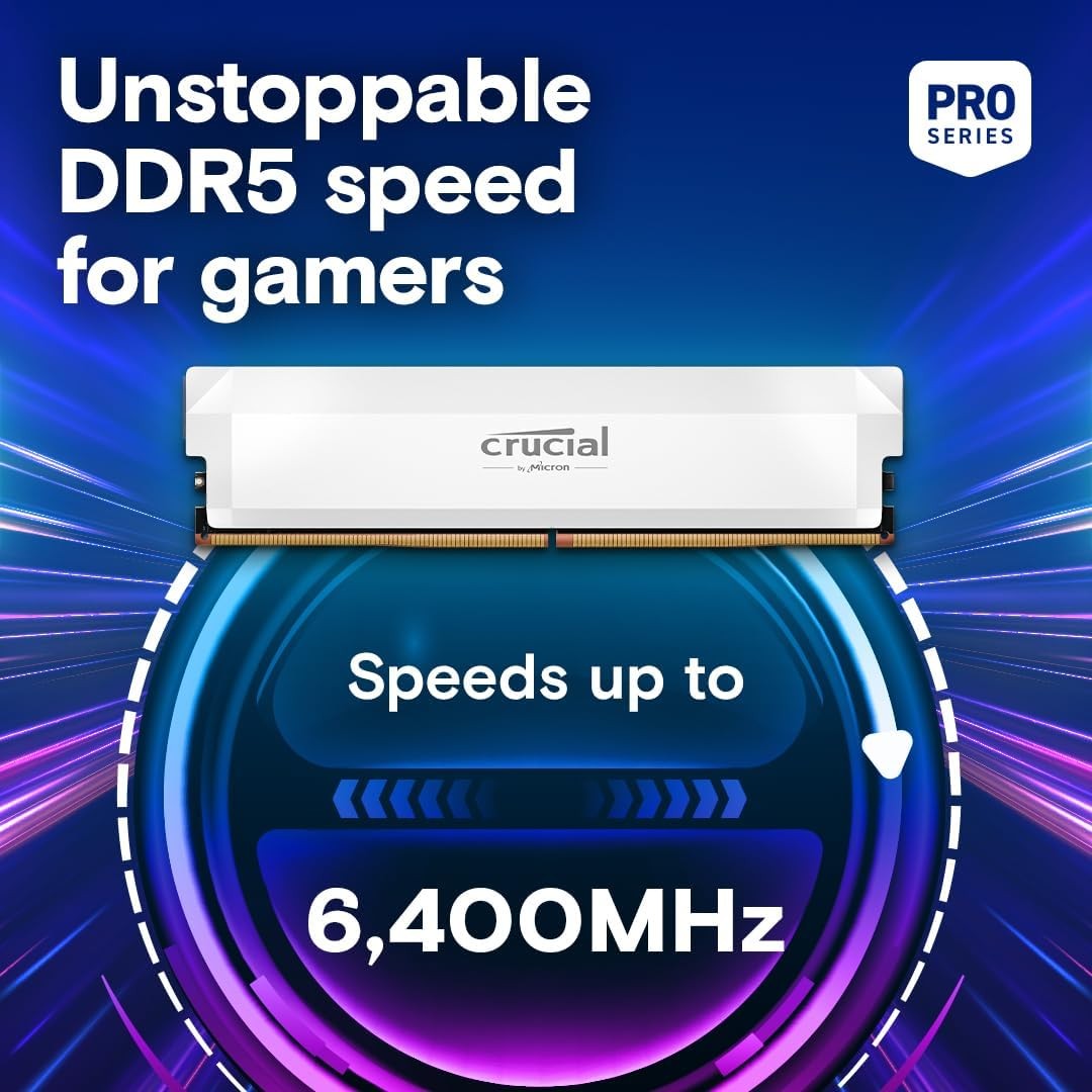 Crucial Pro DDR5-6400 CL38 32GB Kit (16GBx2) UDIMM: OC Gaming Memory (White)