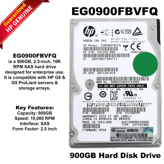 HP EG0900FBVFQ 900GB 10K RPM 2.5" SAS 6Gb/s Hard Disk Drive 641552-004 (NOT FOR HOME PC)