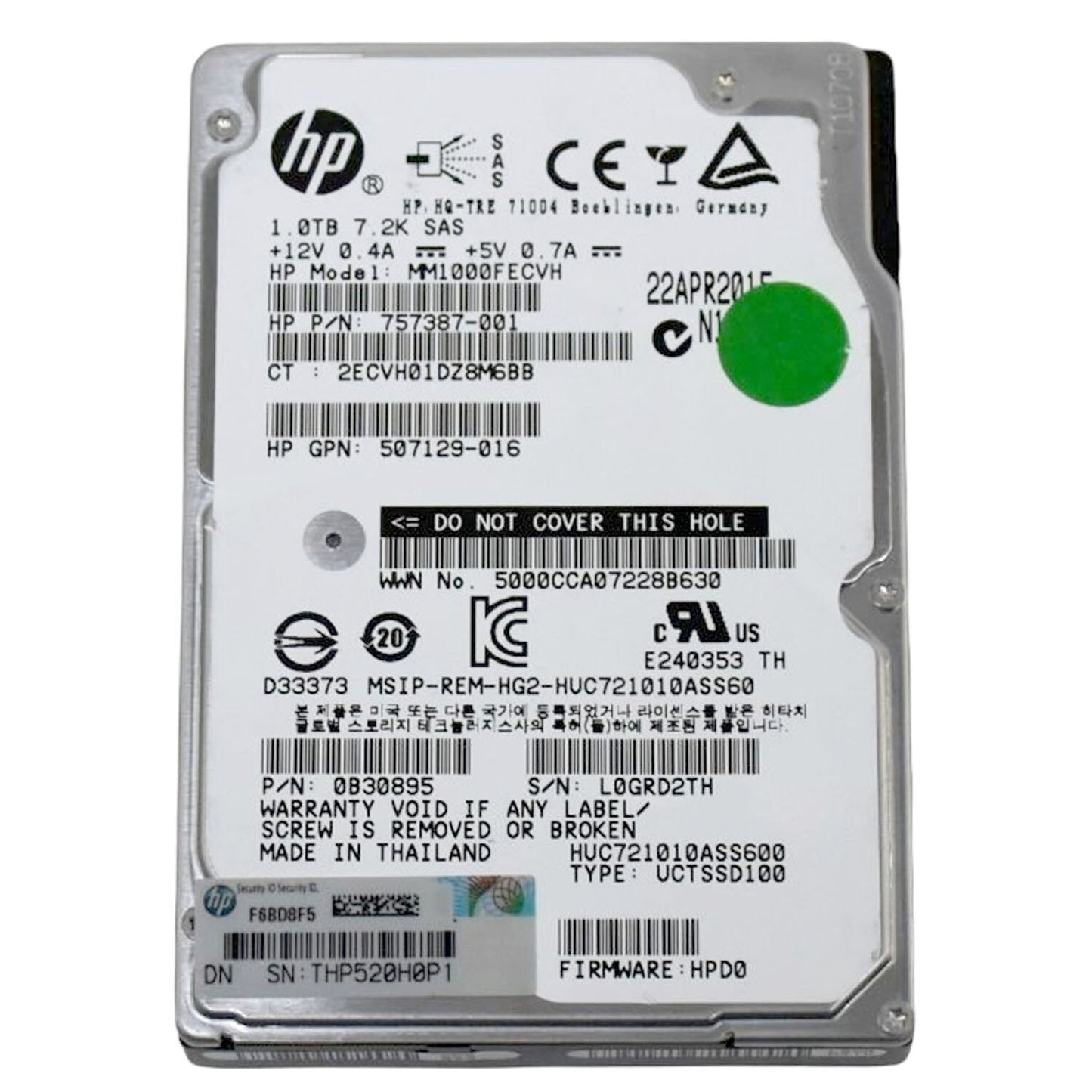 HP MM1000FECVH 1.0TB 7.2K RPM SAS 6Gb/s 2.5" HDD Hard Drive 0B30895 757387-001 (NOT FOR HOME PC)