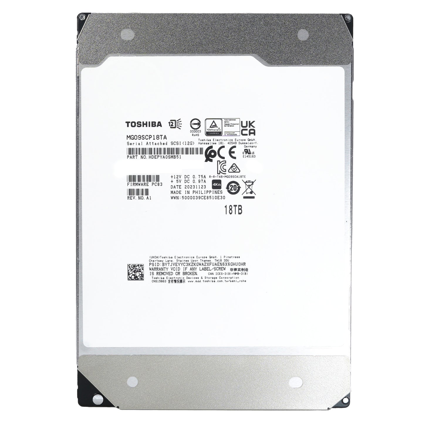 Toshiba MG09 MG09SCP18TA HDEPYA0SMB51 18TB 7.2K RPM SAS 12Gb/s 4Kn SED 3.5" HDD (NOT FOR HOME PC)