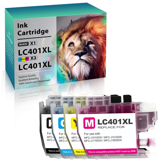 4Pc LC401XL BCMY Ink Cartridge replacement for Brother MFC-J1010DW MFC-J1170DW