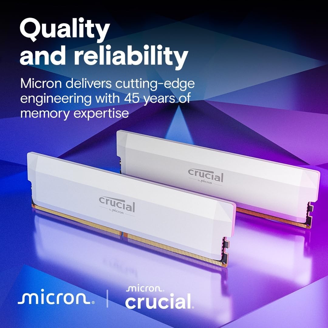 Crucial Pro DDR5-6400 CL38 32GB Kit (16GBx2) UDIMM: OC Gaming Memory (White)