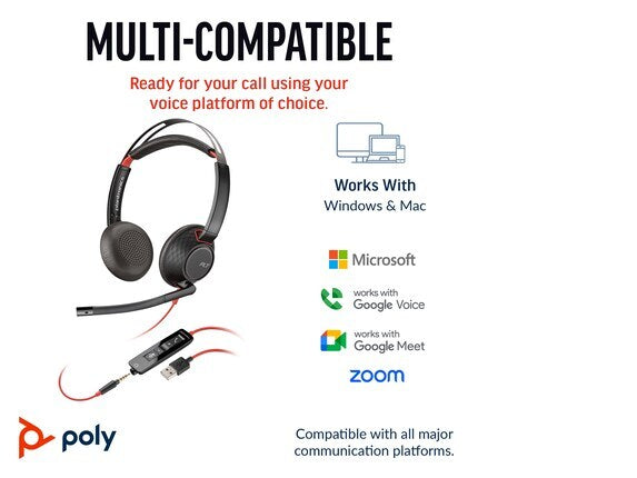 Poly Blackwire 5220 Stereo USB-C Headset +3.5mm Plug +USB-C/A Adapter
