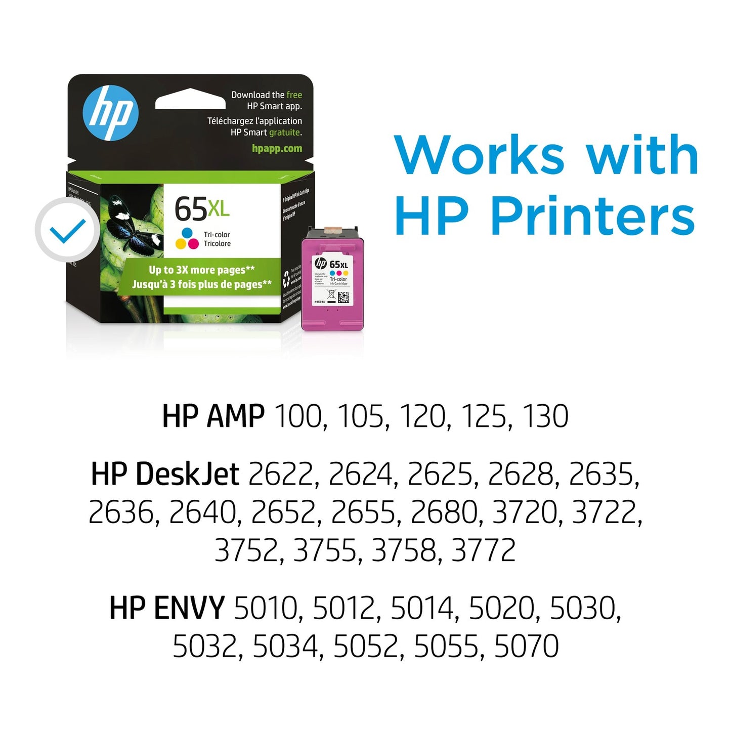 HP 65XL Tri-color Original Ink Cartridge, ~300 pages, N9K03AN#140