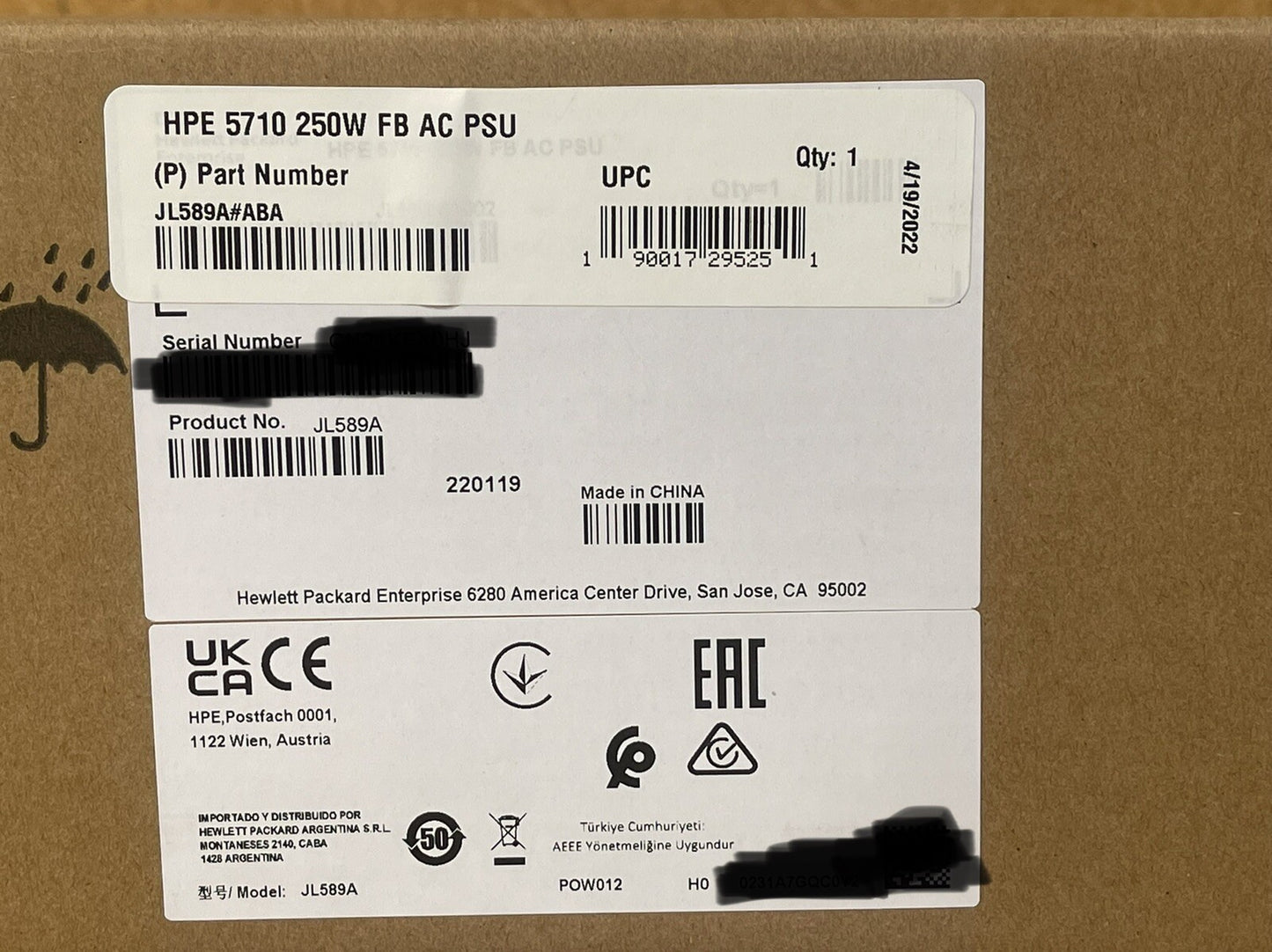 HPE FlexFabric 5710 250W Front-to-Back AC Power Supply JL589A JL589A#ABA FB